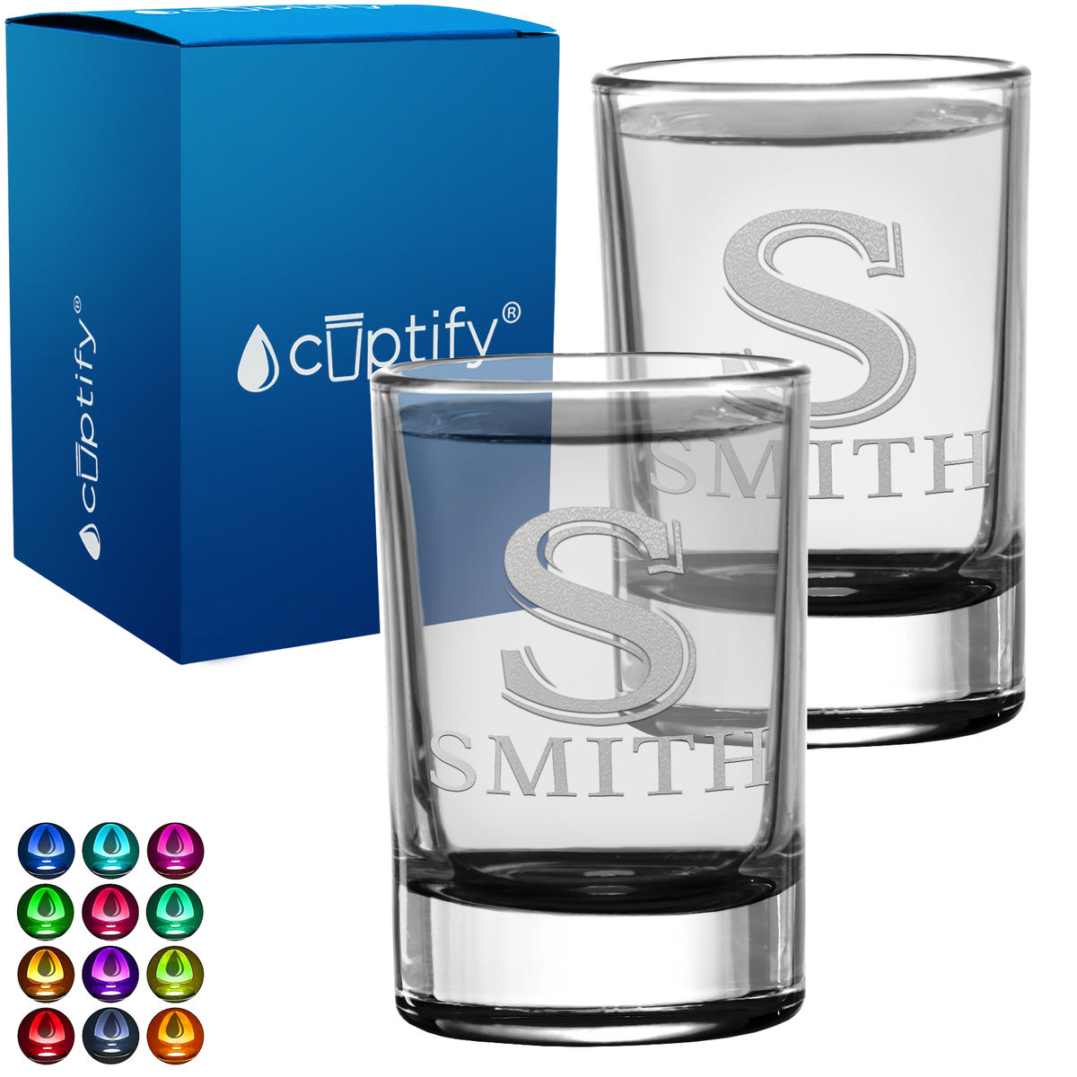 Personalized Initial and Name Set of Two 2.5oz Round Shot Glasses