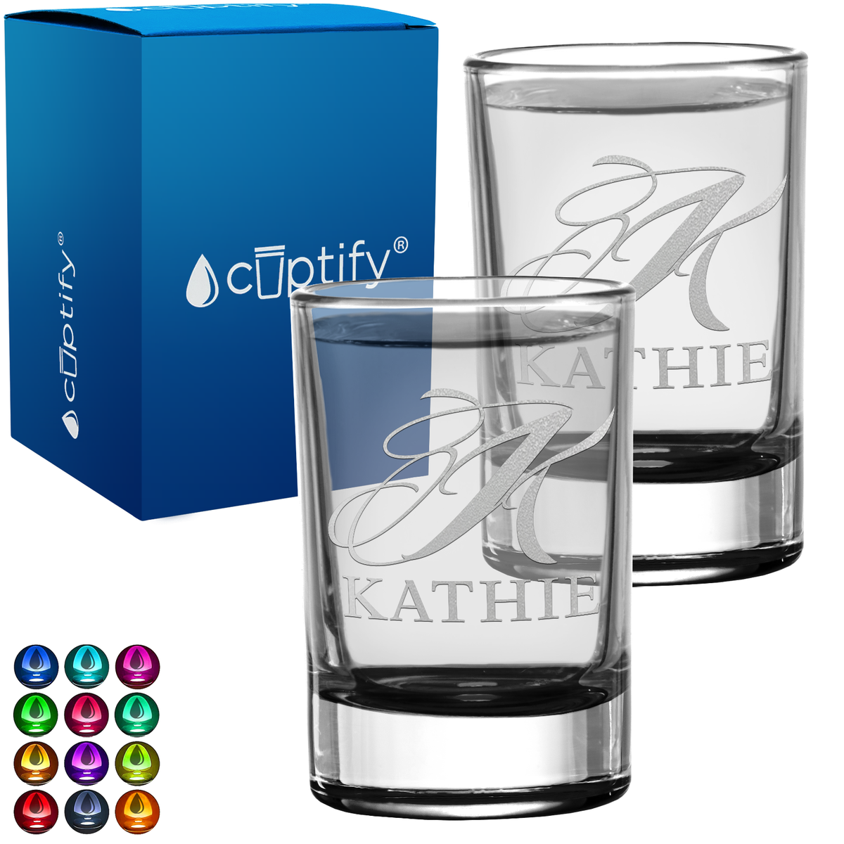 Personalied Script Name and Initial Set of Two 2.5oz Round Shot Glasses