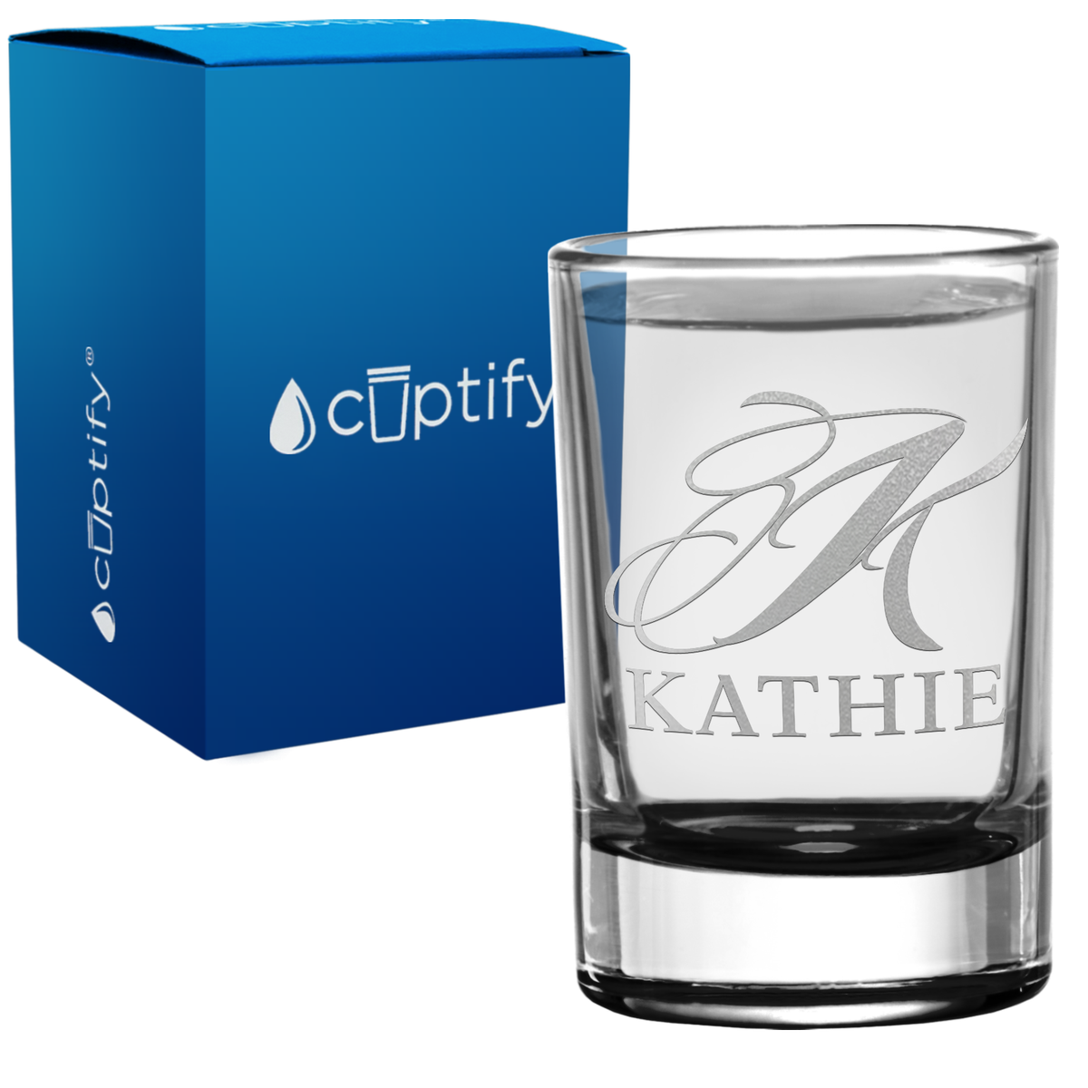 Personalied Script Name and Initial 2.5oz Round Shot Glass