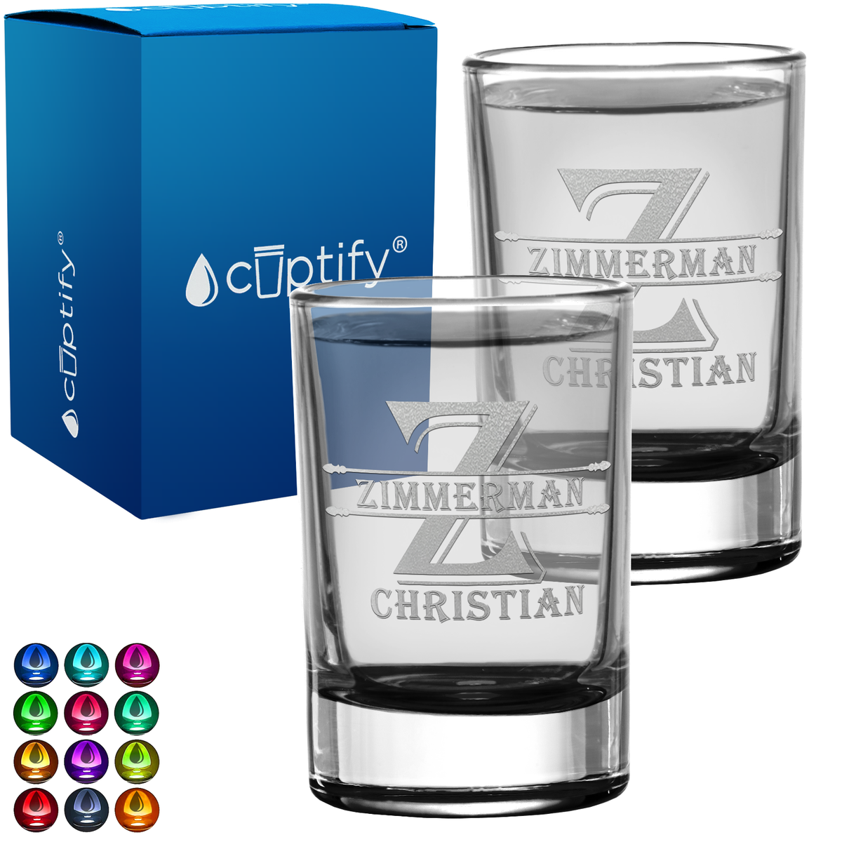 Personalized Initial Block Monogram Set of Two 2.5oz Round Shot Glasses