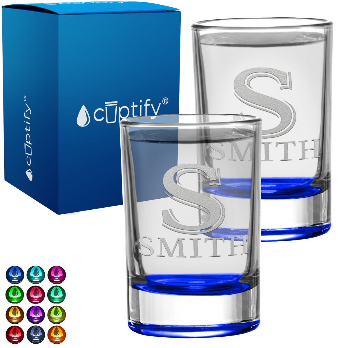 Personalized Initial and Name Set of Two 2.5oz Round Shot Glasses