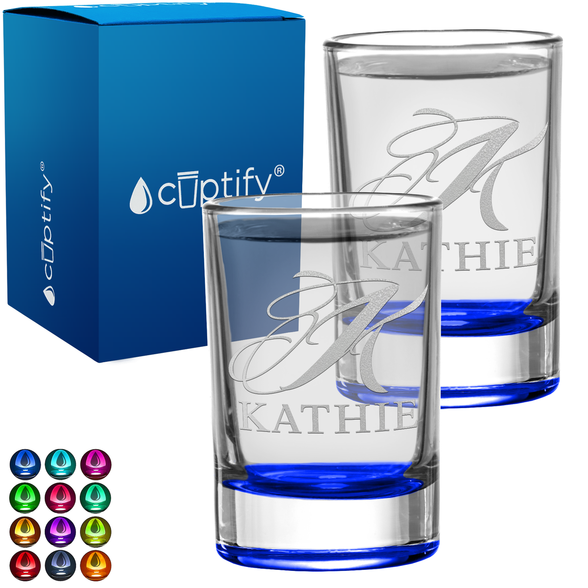 Personalied Script Name and Initial Set of Two 2.5oz Round Shot Glasses