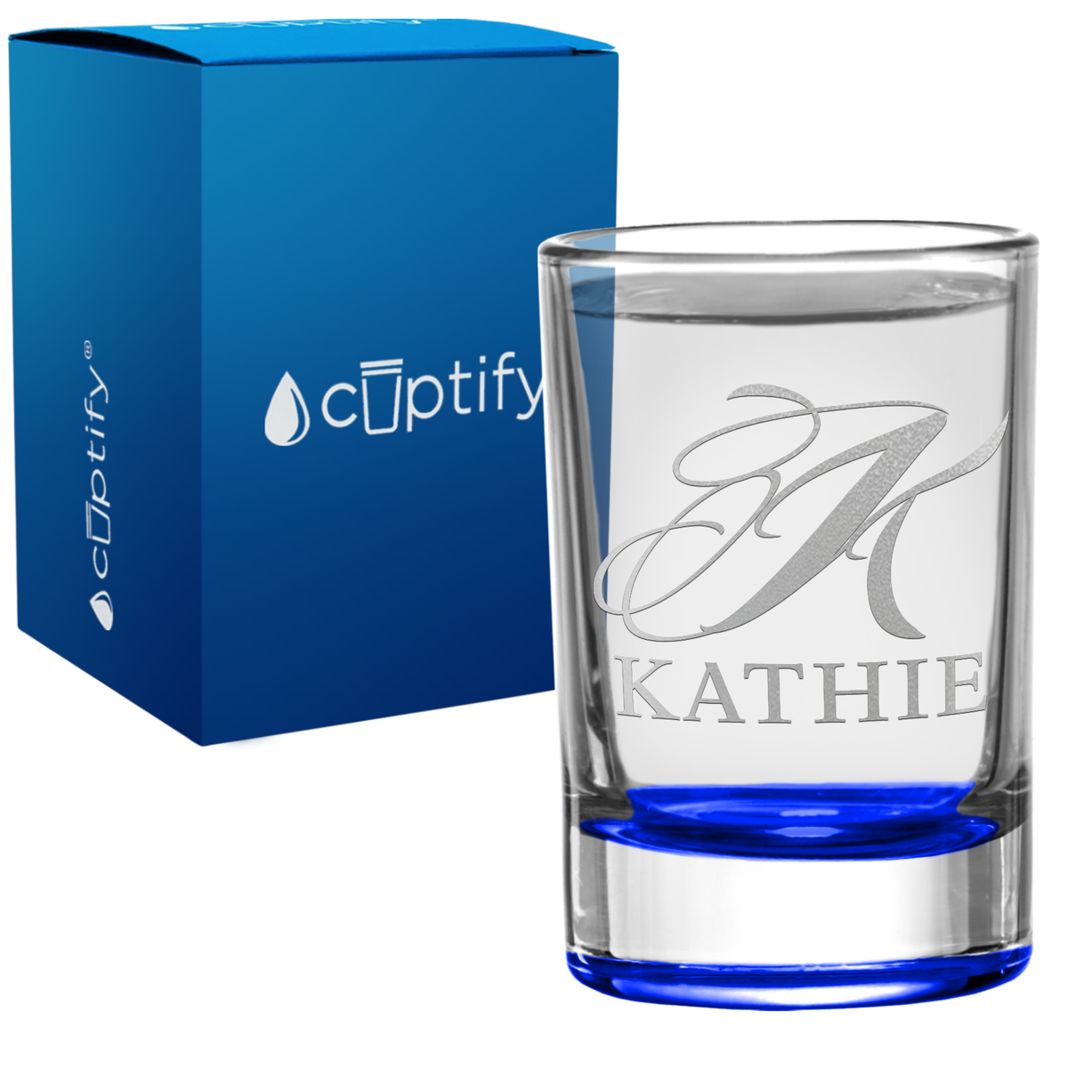 Personalied Script Name and Initial 2.5oz Round Shot Glass
