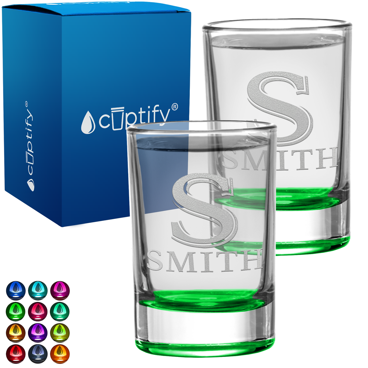 Initial Glass Personalized Initial and Name Set of Two 2.5oz Round Shot Glasses - Cuptify