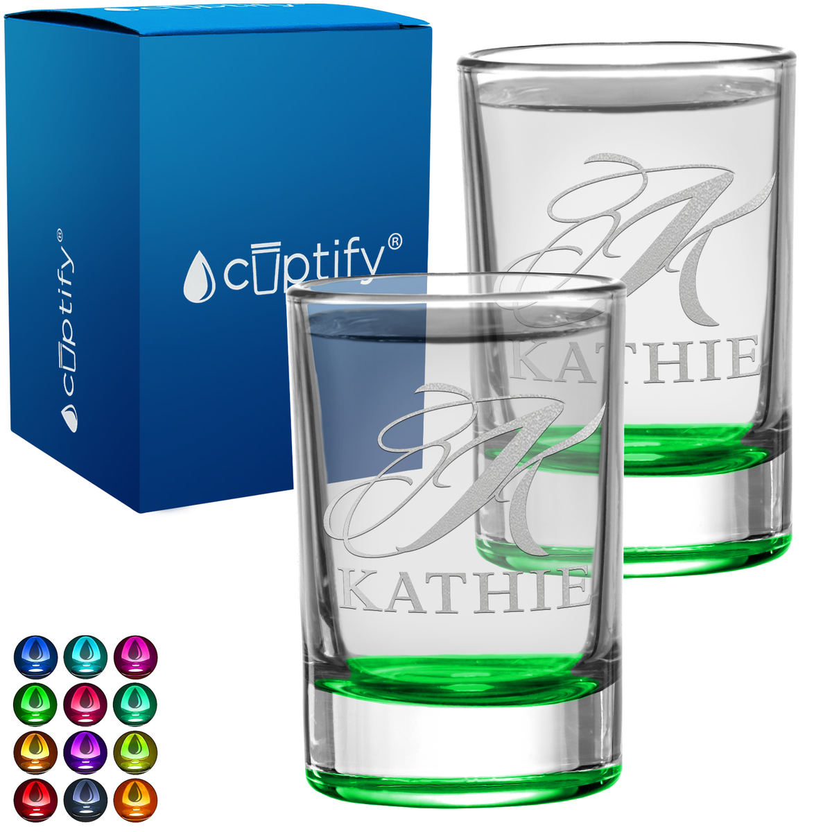 Personalied Script Name and Initial Set of Two 2.5oz Round Shot Glasses