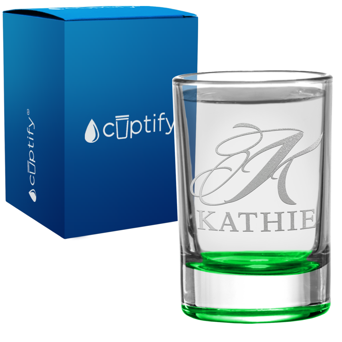 Personalied Script Name and Initial 2.5oz Round Shot Glass