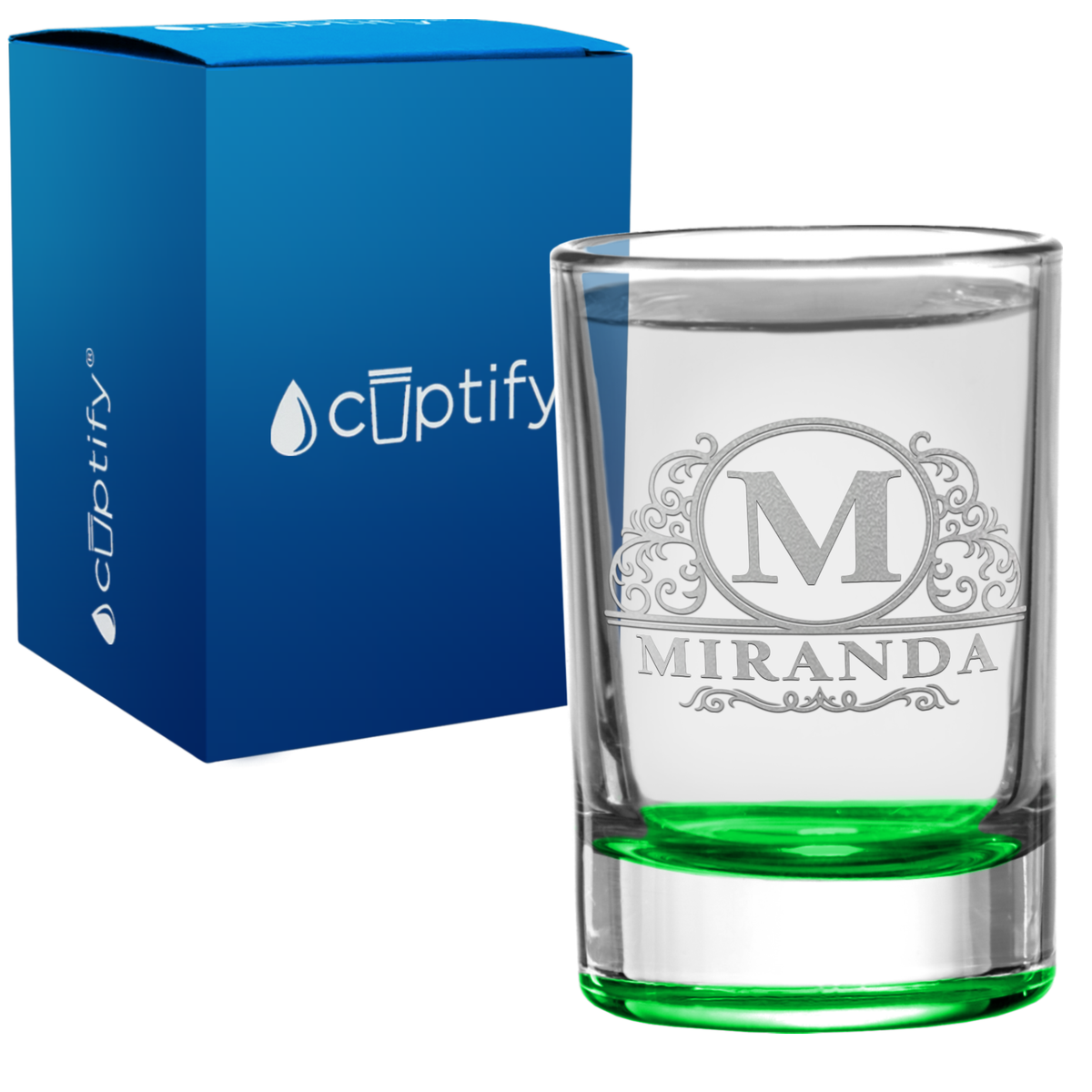 Personalied Elaborate Circle Monogram 2.5oz Round Shot Glass