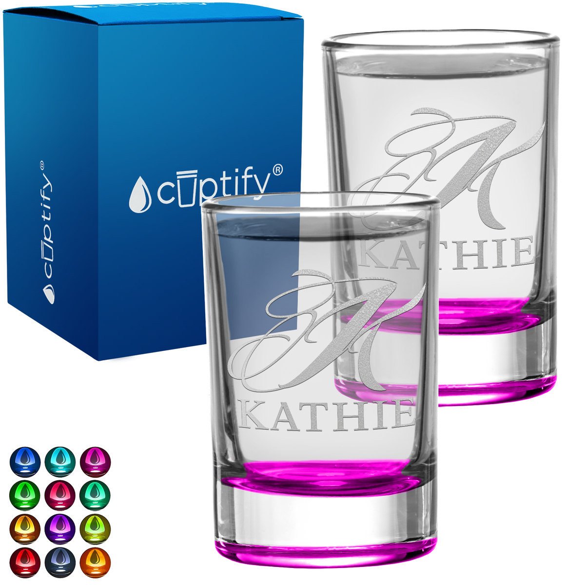 Personalied Script Name and Initial Set of Two 2.5oz Round Shot Glasses