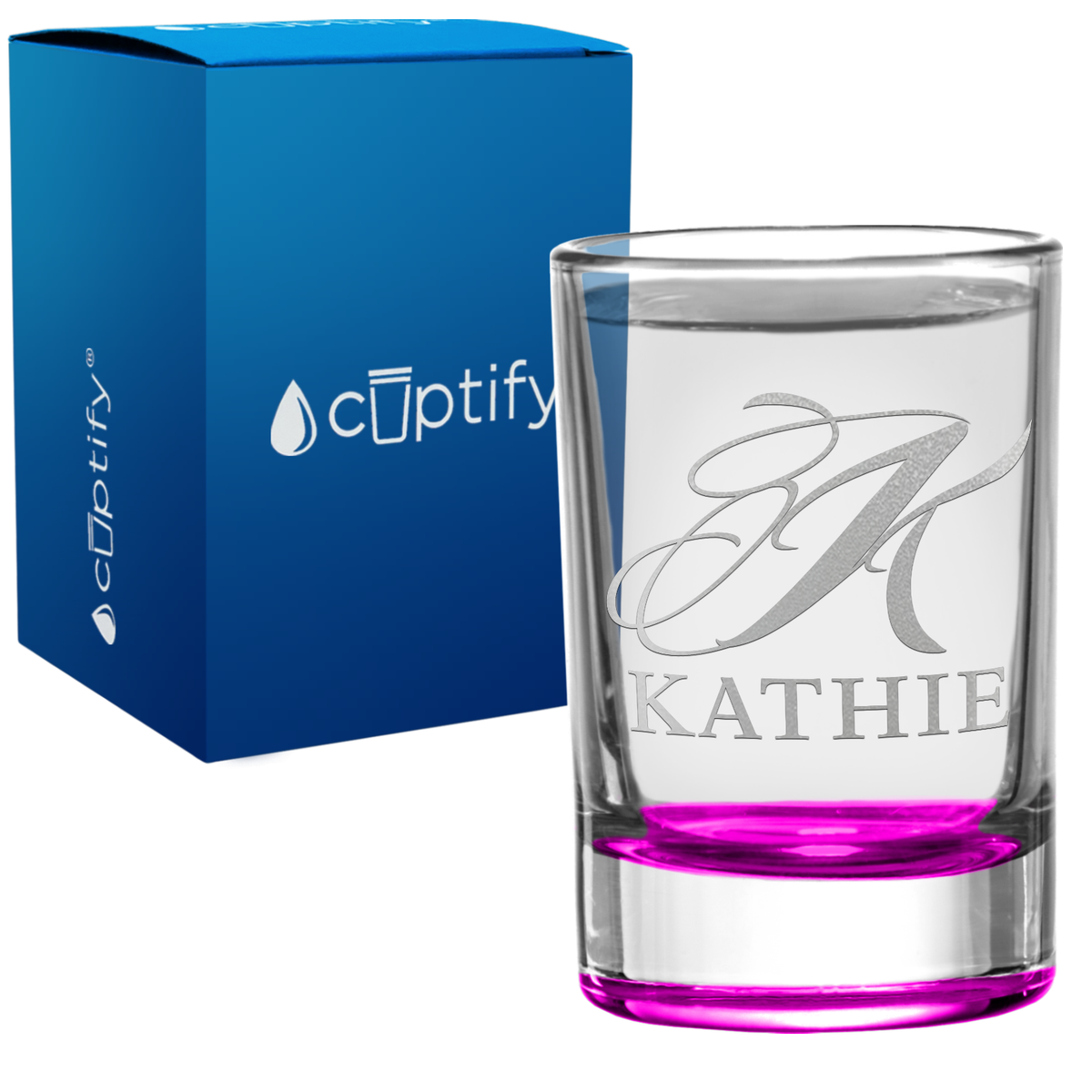 Personalied Script Name and Initial 2.5oz Round Shot Glass