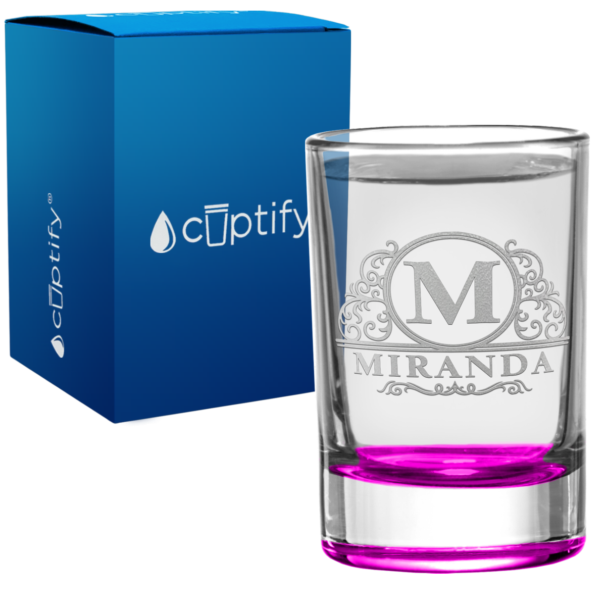 Personalied Elaborate Circle Monogram 2.5oz Round Shot Glass