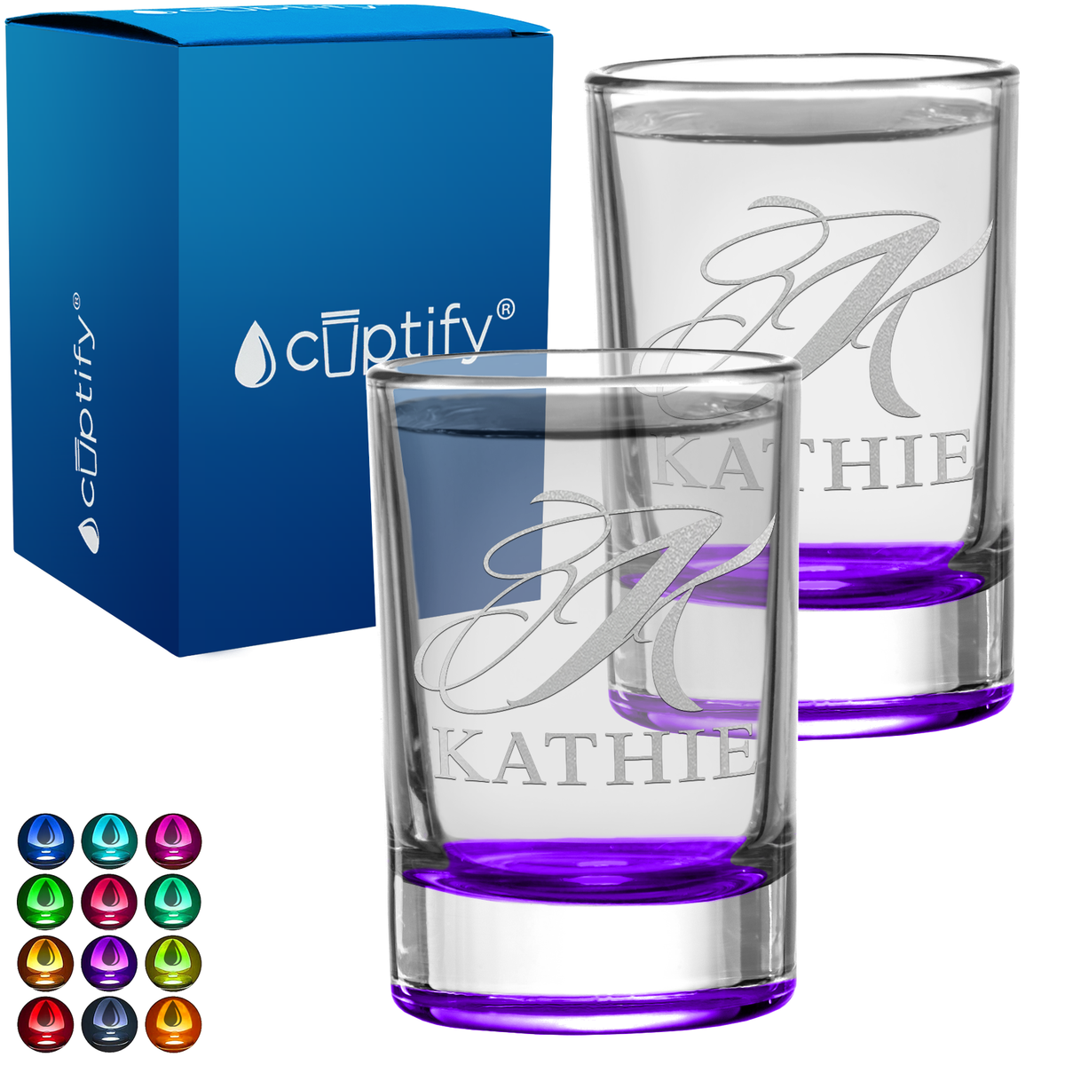 Personalied Script Name and Initial Set of Two 2.5oz Round Shot Glasses