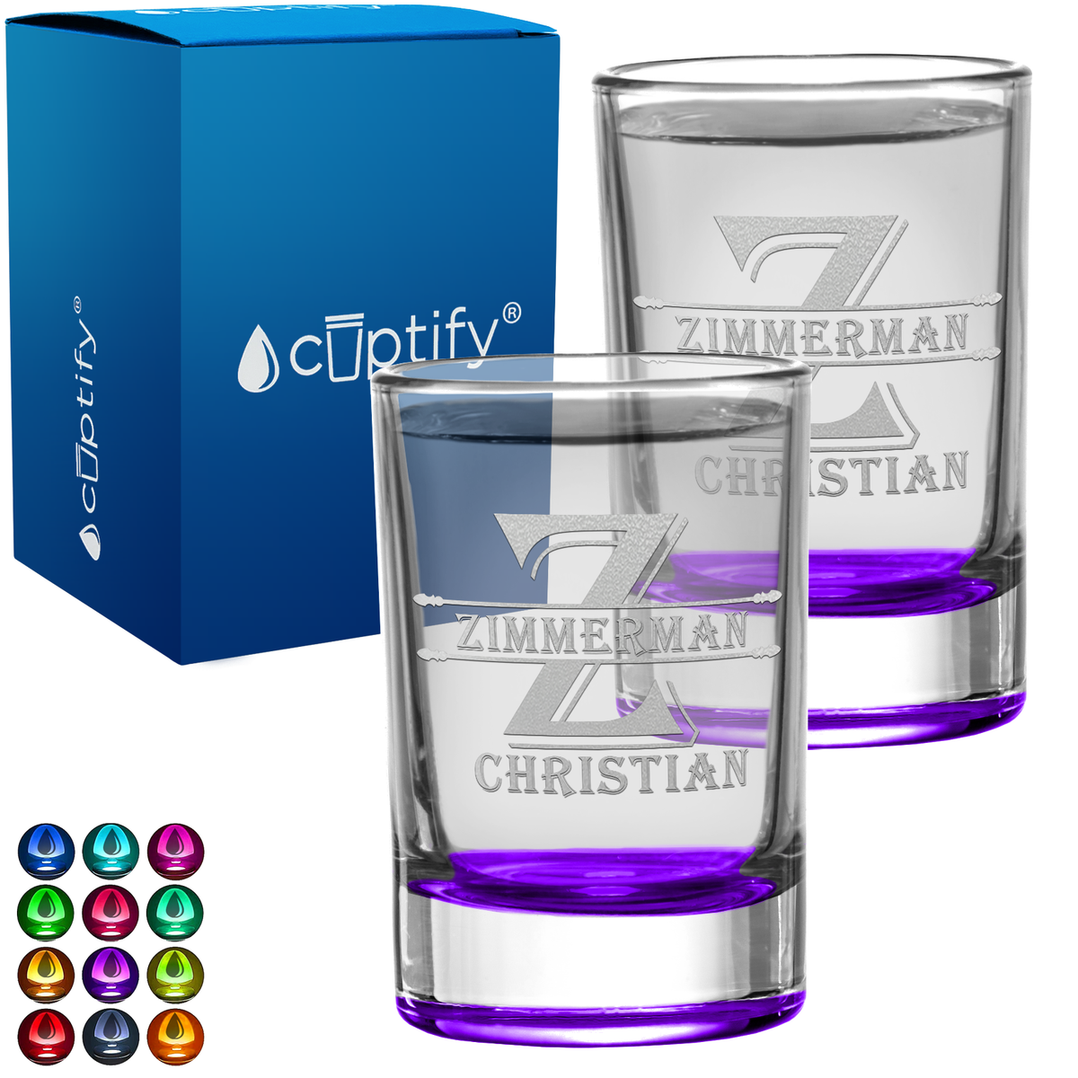 Personalized Initial Block Monogram Set of Two 2.5oz Round Shot Glasses