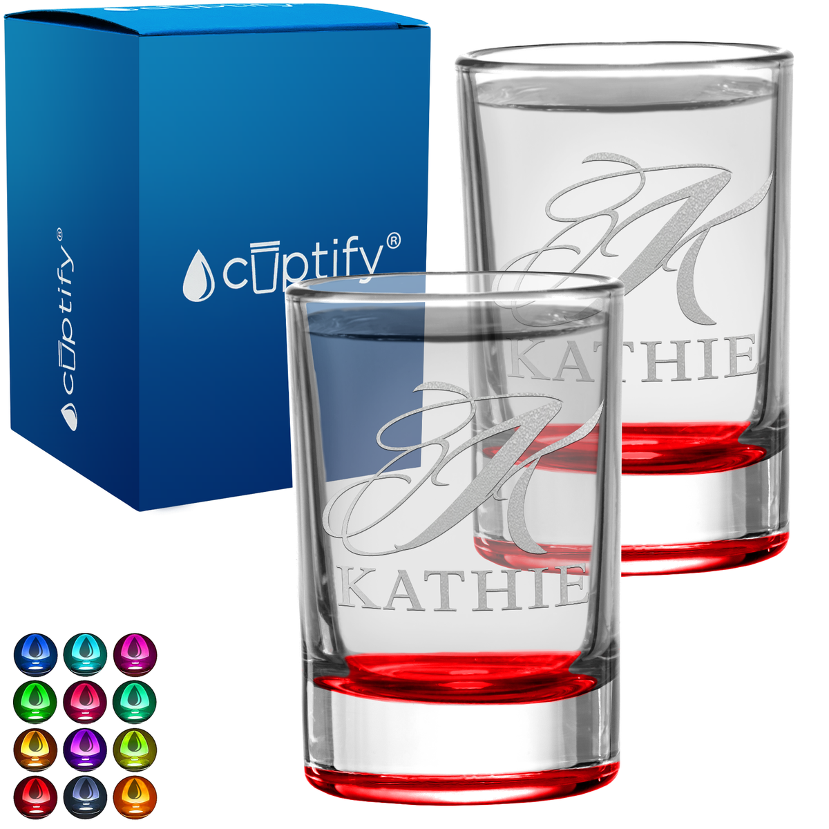 Personalied Script Name and Initial Set of Two 2.5oz Round Shot Glasses