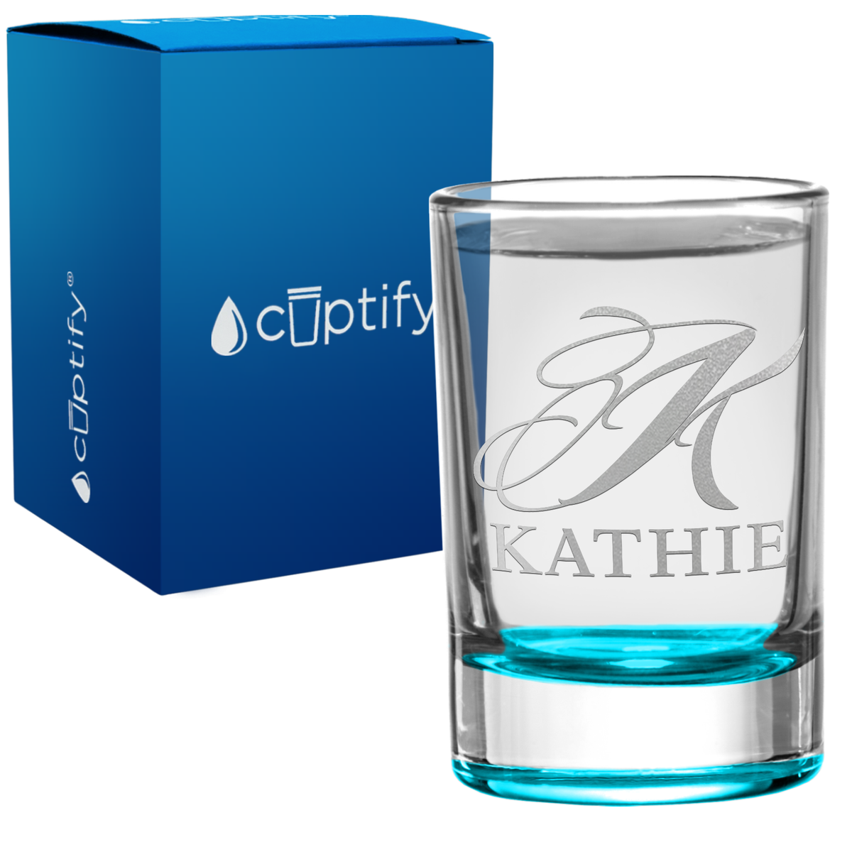 Personalied Script Name and Initial 2.5oz Round Shot Glass