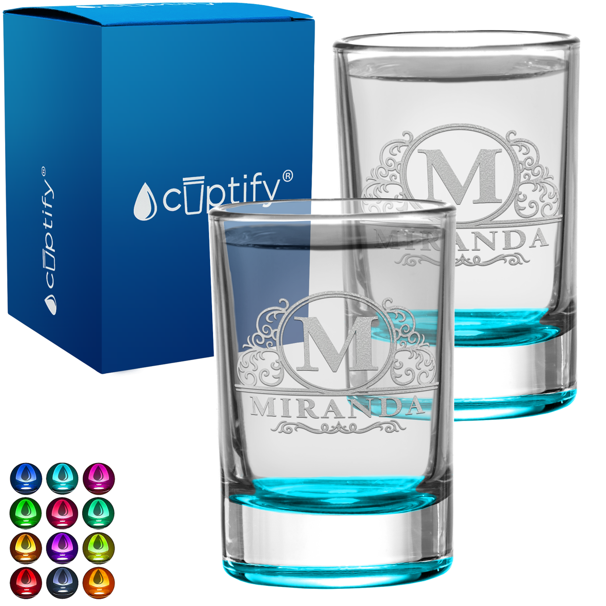 Personalied Elaborate Circle Monogram Set of Two 2.5oz Round Shot Glasses