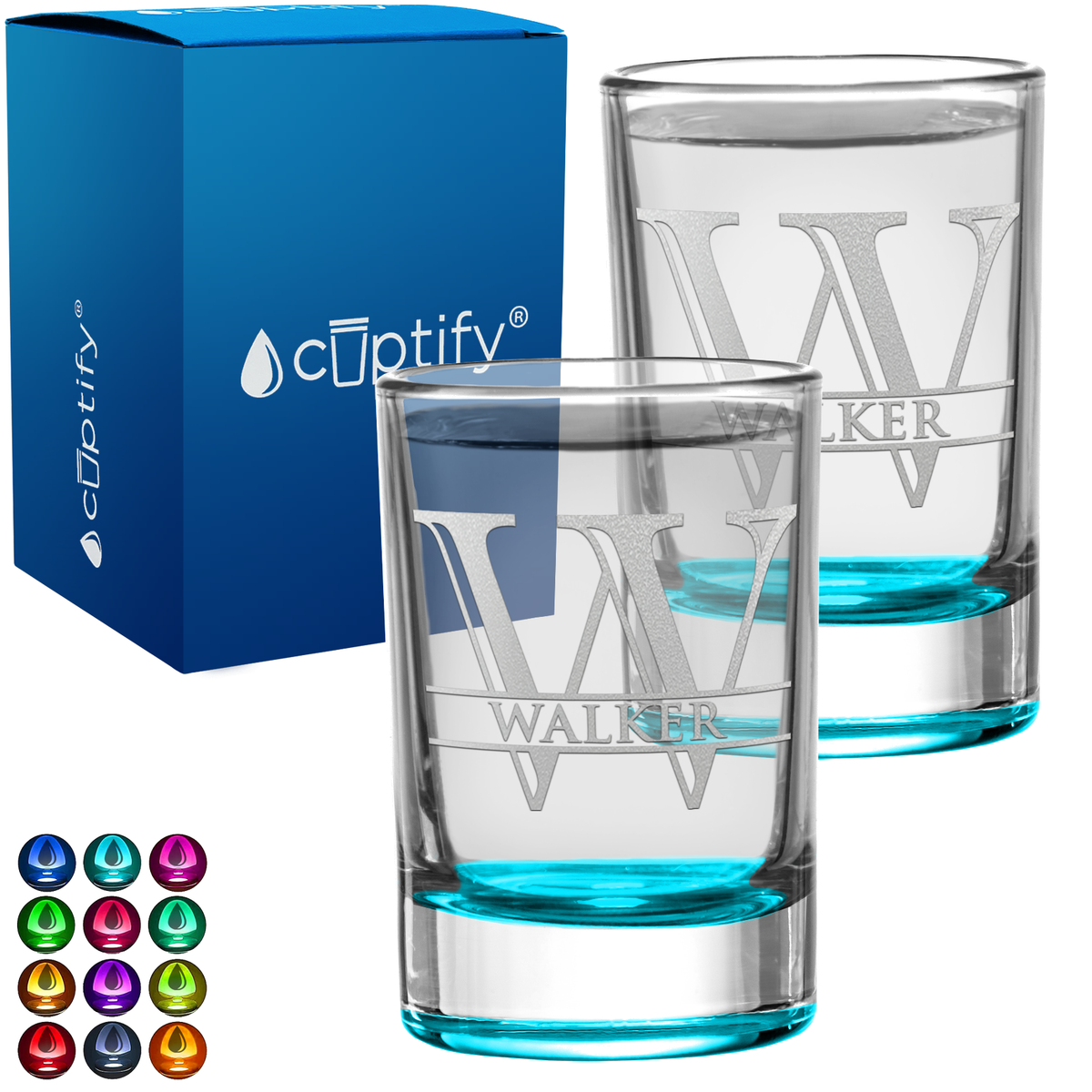 Personalized Split Letter Monogram and Name Set of Two 2.5oz Round Shot Glasses