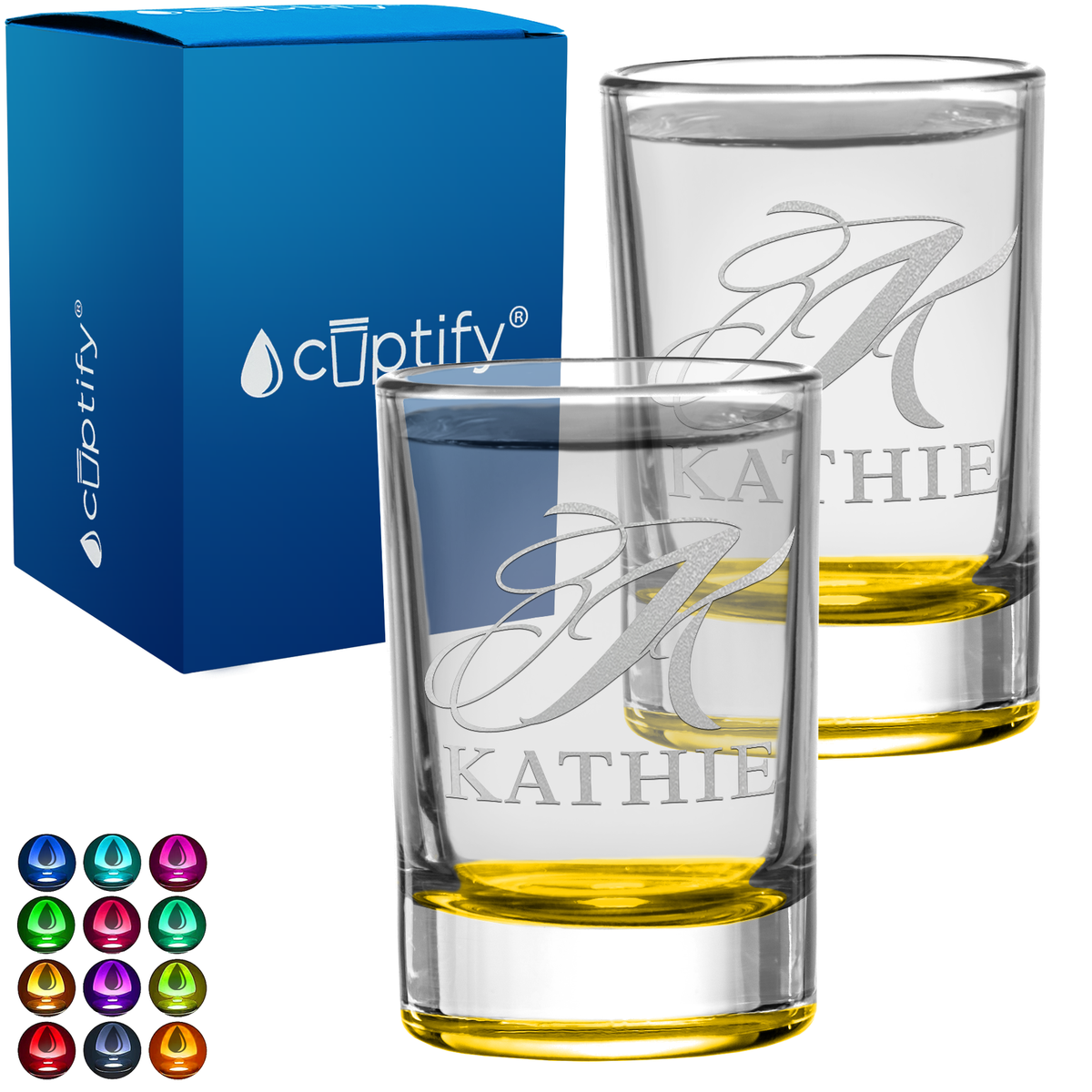 Personalied Script Name and Initial Set of Two 2.5oz Round Shot Glasses