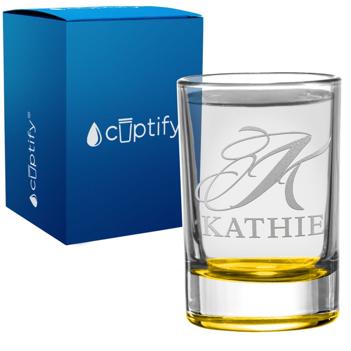 Personalied Script Name and Initial 2.5oz Round Shot Glass