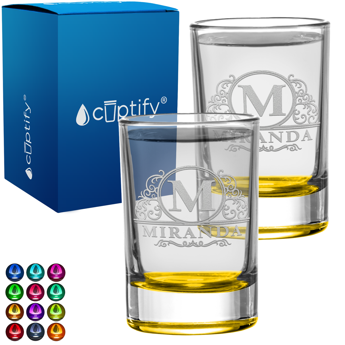 Personalied Elaborate Circle Monogram Set of Two 2.5oz Round Shot Glasses