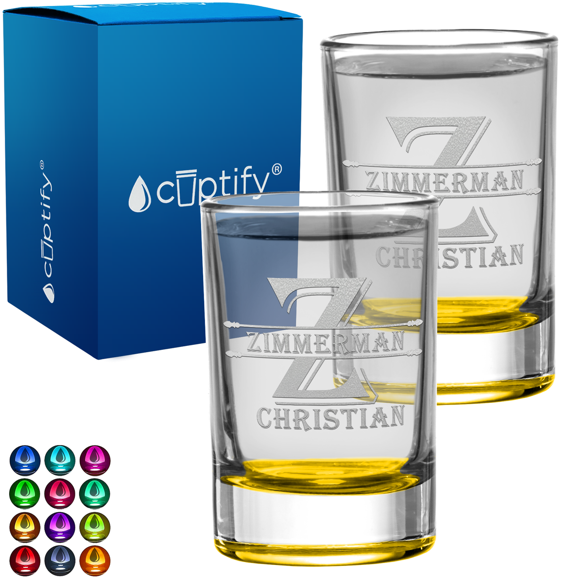 Personalized Initial Block Monogram Set of Two 2.5oz Round Shot Glasses