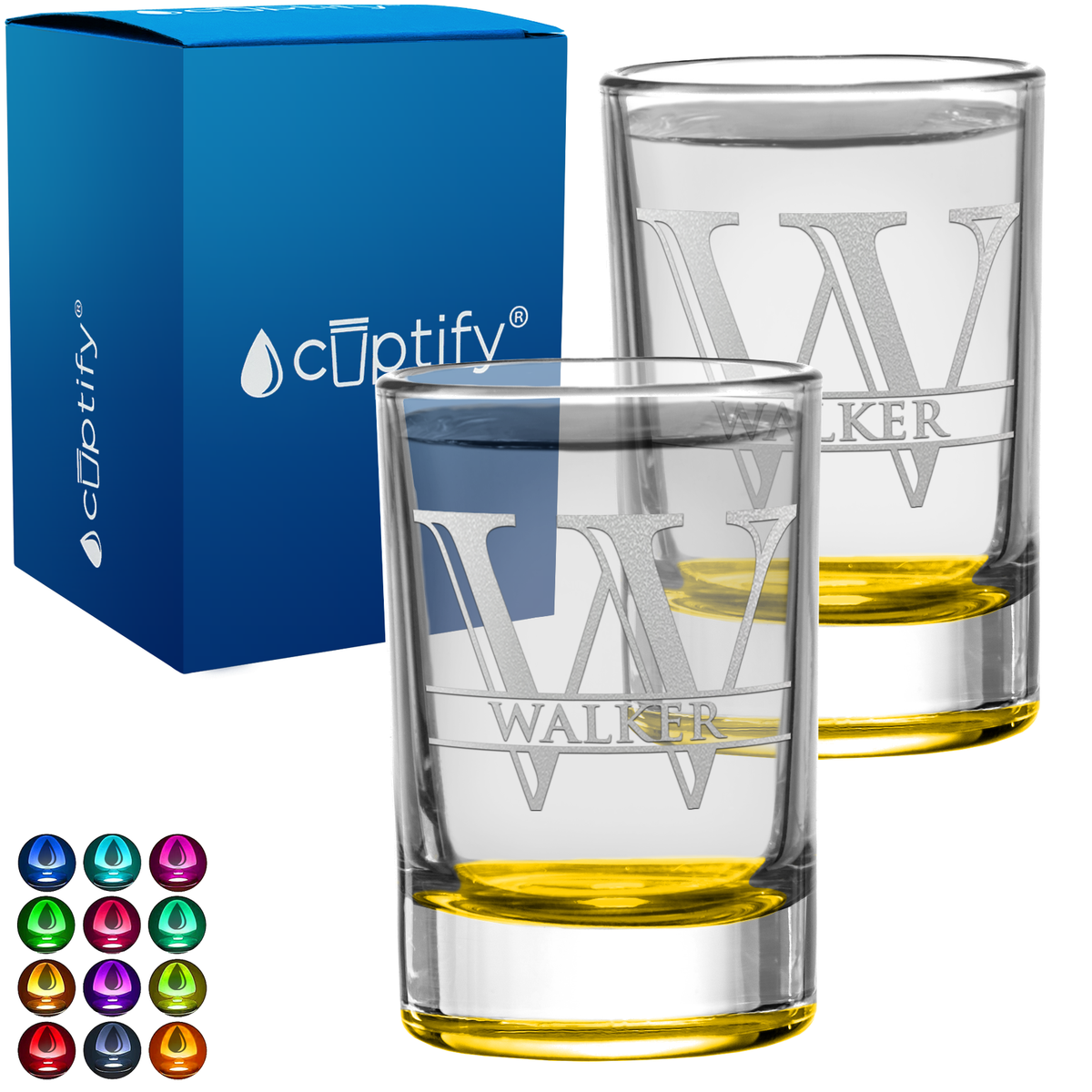 Personalized Split Letter Monogram and Name Set of Two 2.5oz Round Shot Glasses