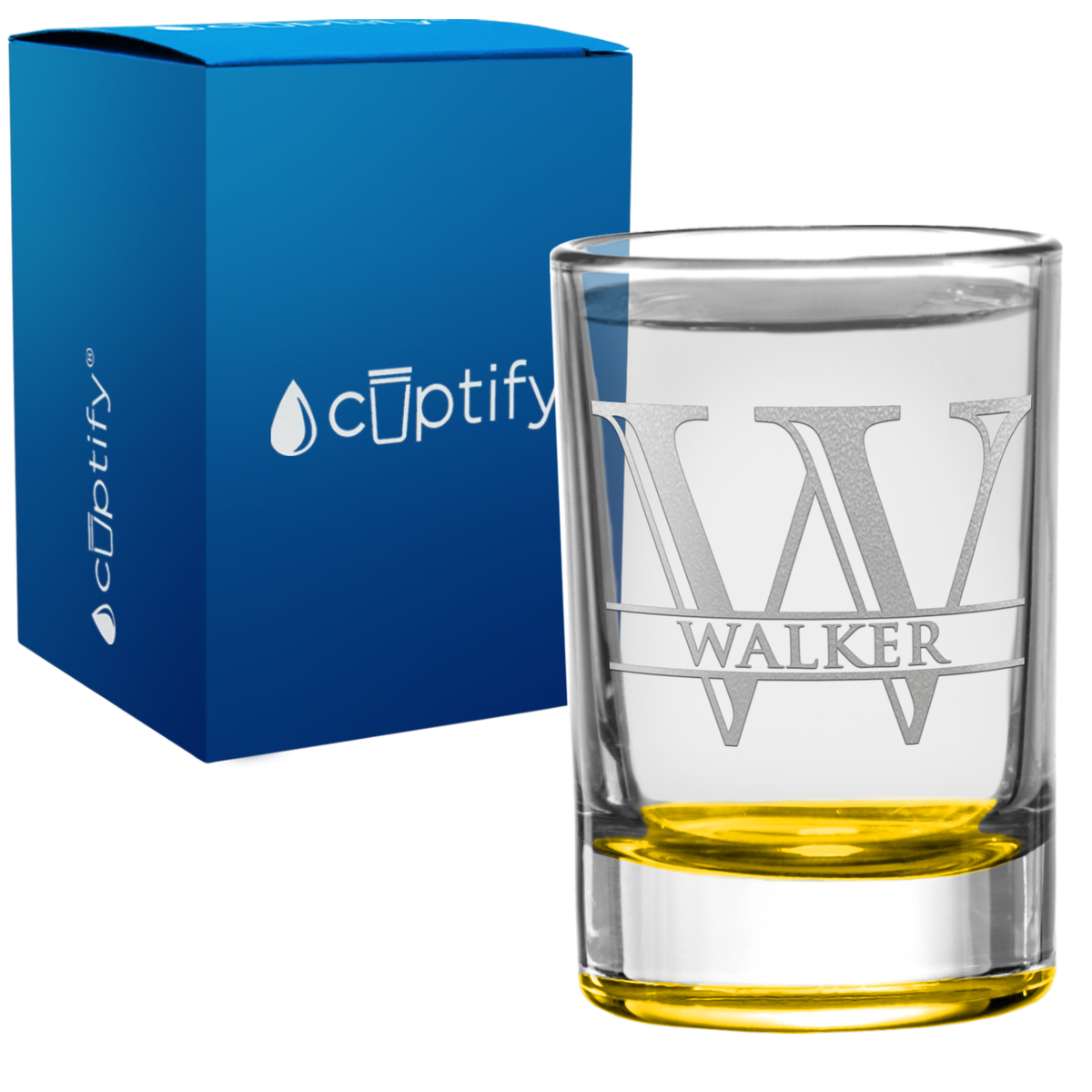 Personalized Split Letter Monogram and Name 2.5oz Round Shot Glass