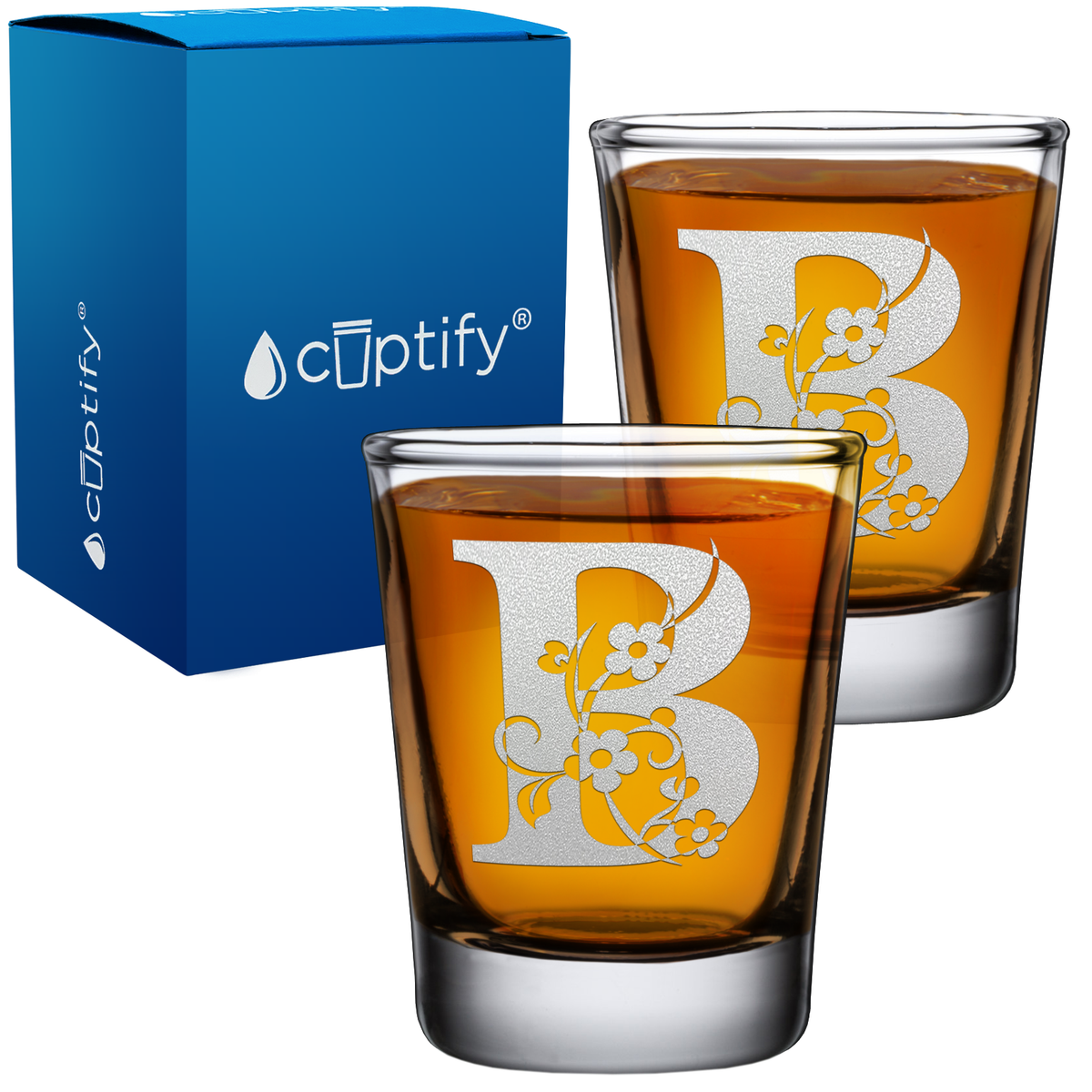 Monogram Floral Initial Letter on 2oz Shot Glasses - Set of 2