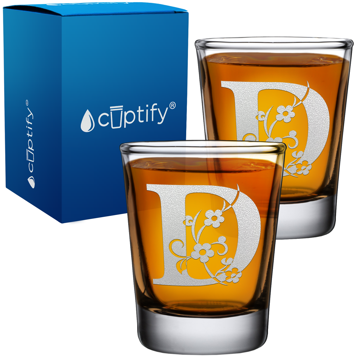 Monogram Floral Initial Letter on 2oz Shot Glasses - Set of 2