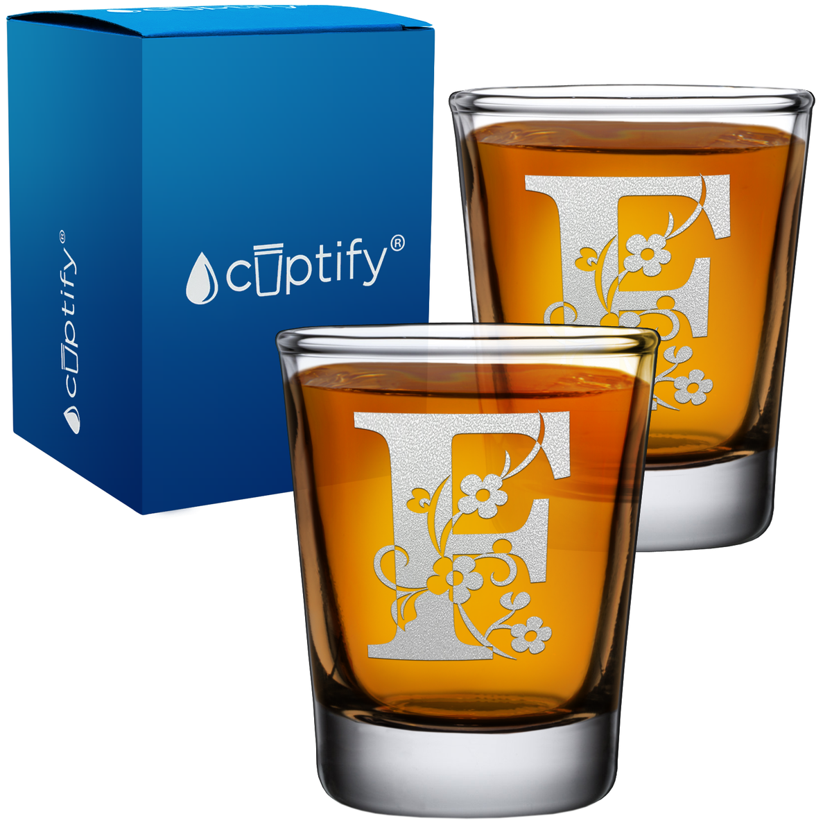 Monogram Floral Initial Letter on 2oz Shot Glasses - Set of 2