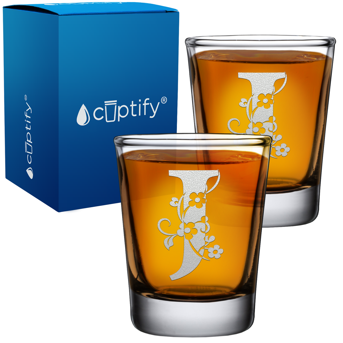 Monogram Floral Initial Letter on 2oz Shot Glasses - Set of 2