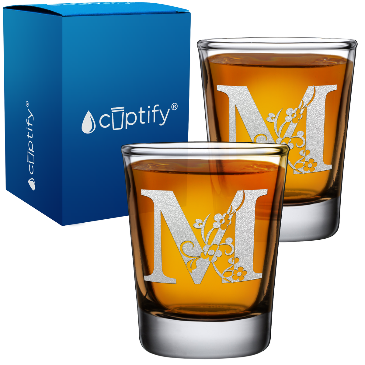 Monogram Floral Initial Letter on 2oz Shot Glasses - Set of 2