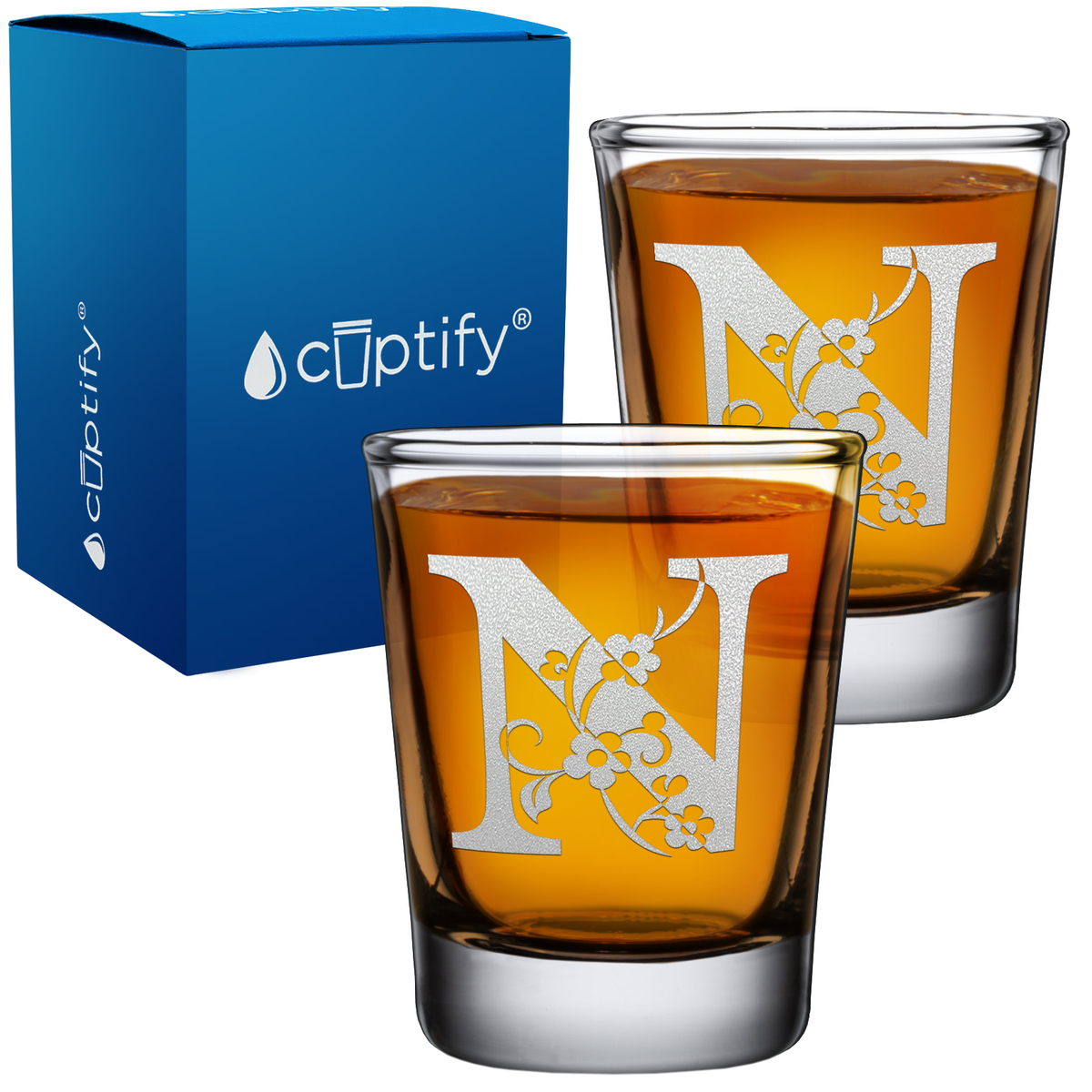 Monogram Floral Initial Letter on 2oz Shot Glasses - Set of 2