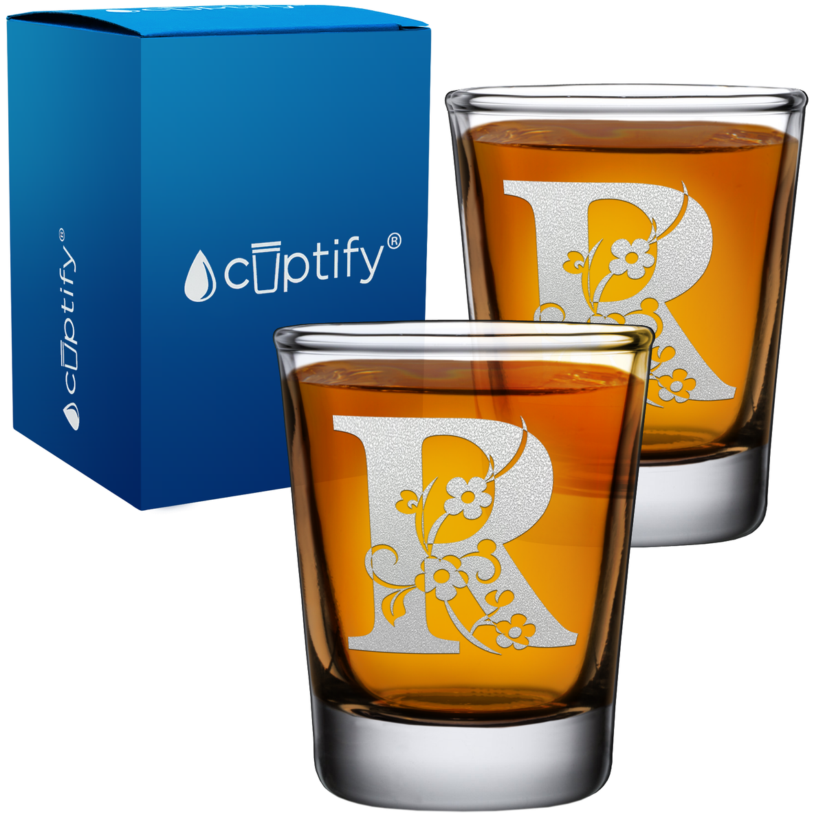 Monogram Floral Initial Letter on 2oz Shot Glasses - Set of 2