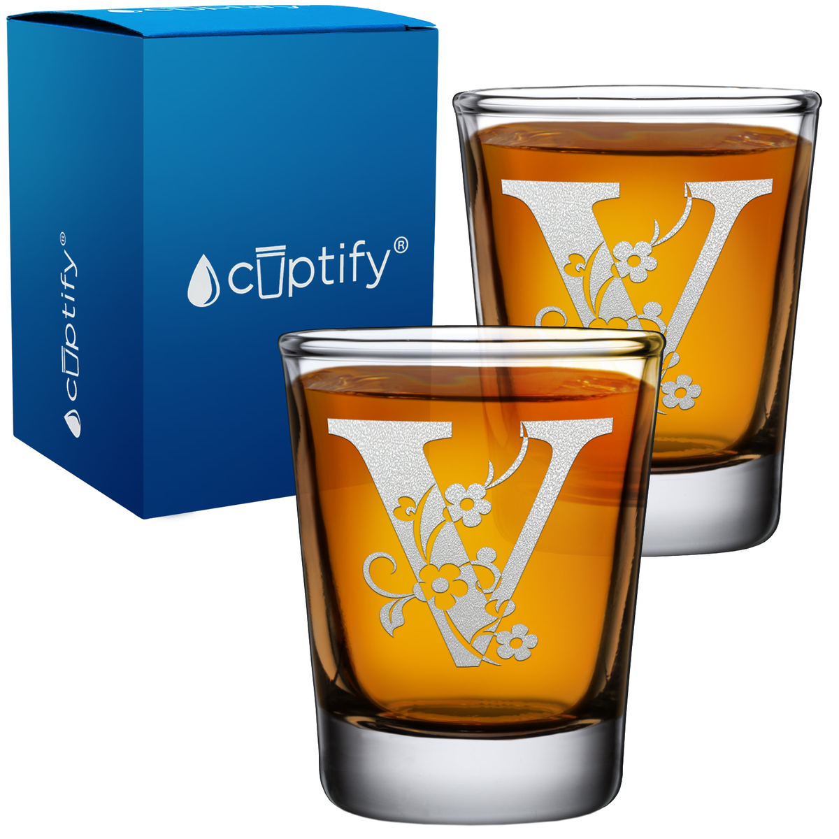 Monogram Floral Initial Letter on 2oz Shot Glasses - Set of 2