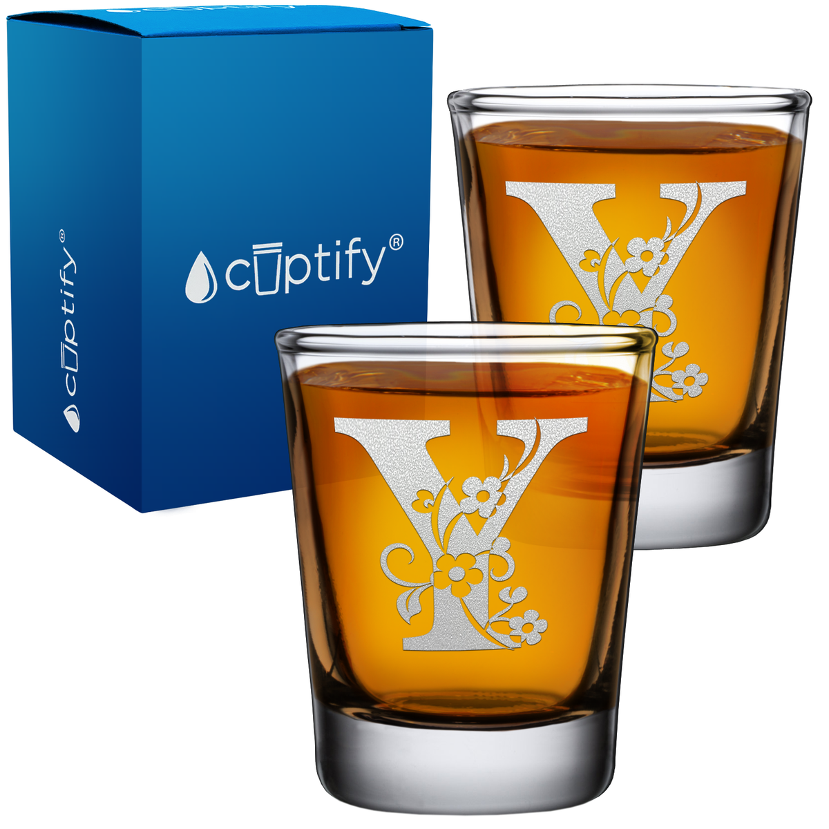 Monogram Floral Initial Letter on 2oz Shot Glasses - Set of 2