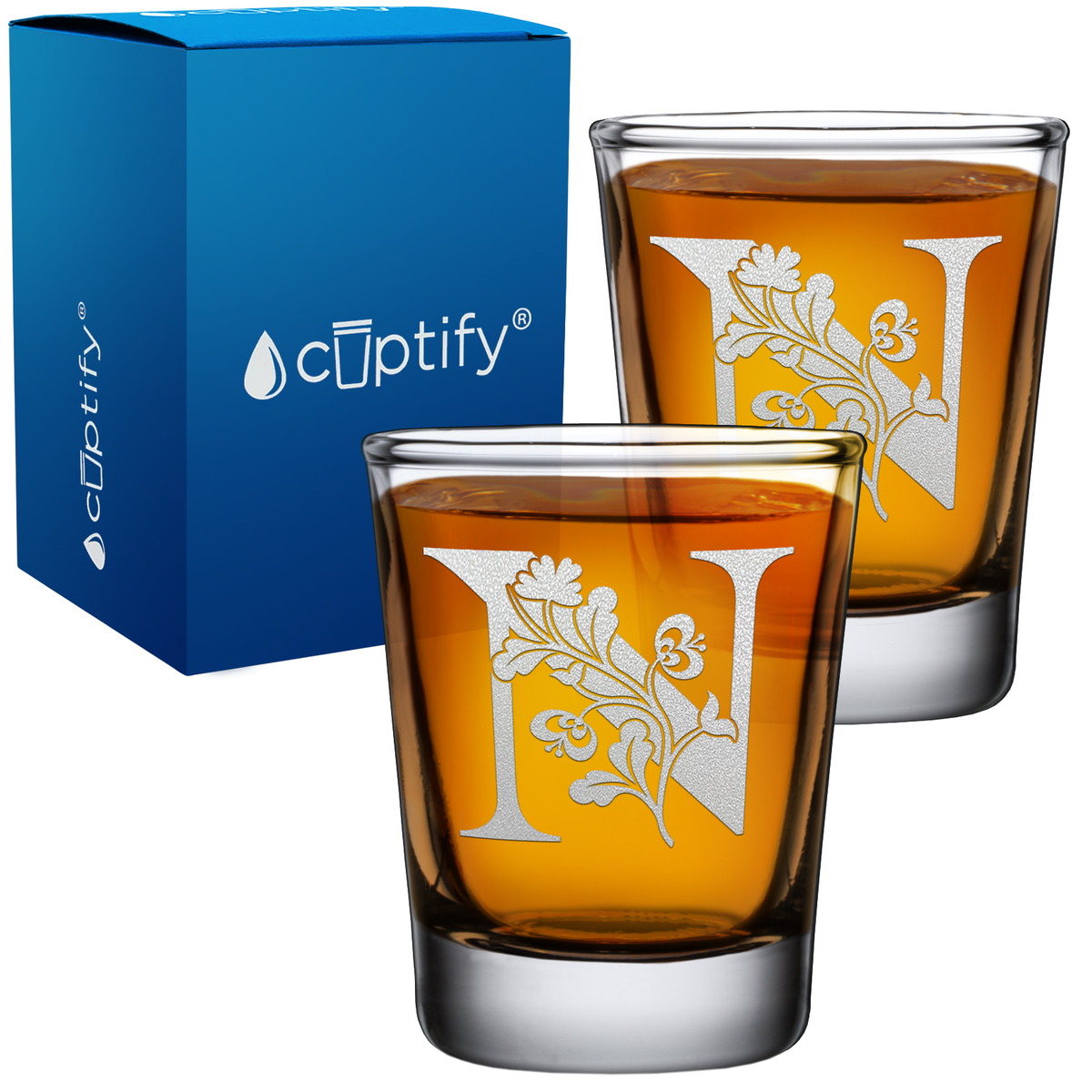Monogram Blooming Floral Initial Letter on 2oz Shot Glasses - Set of 2
