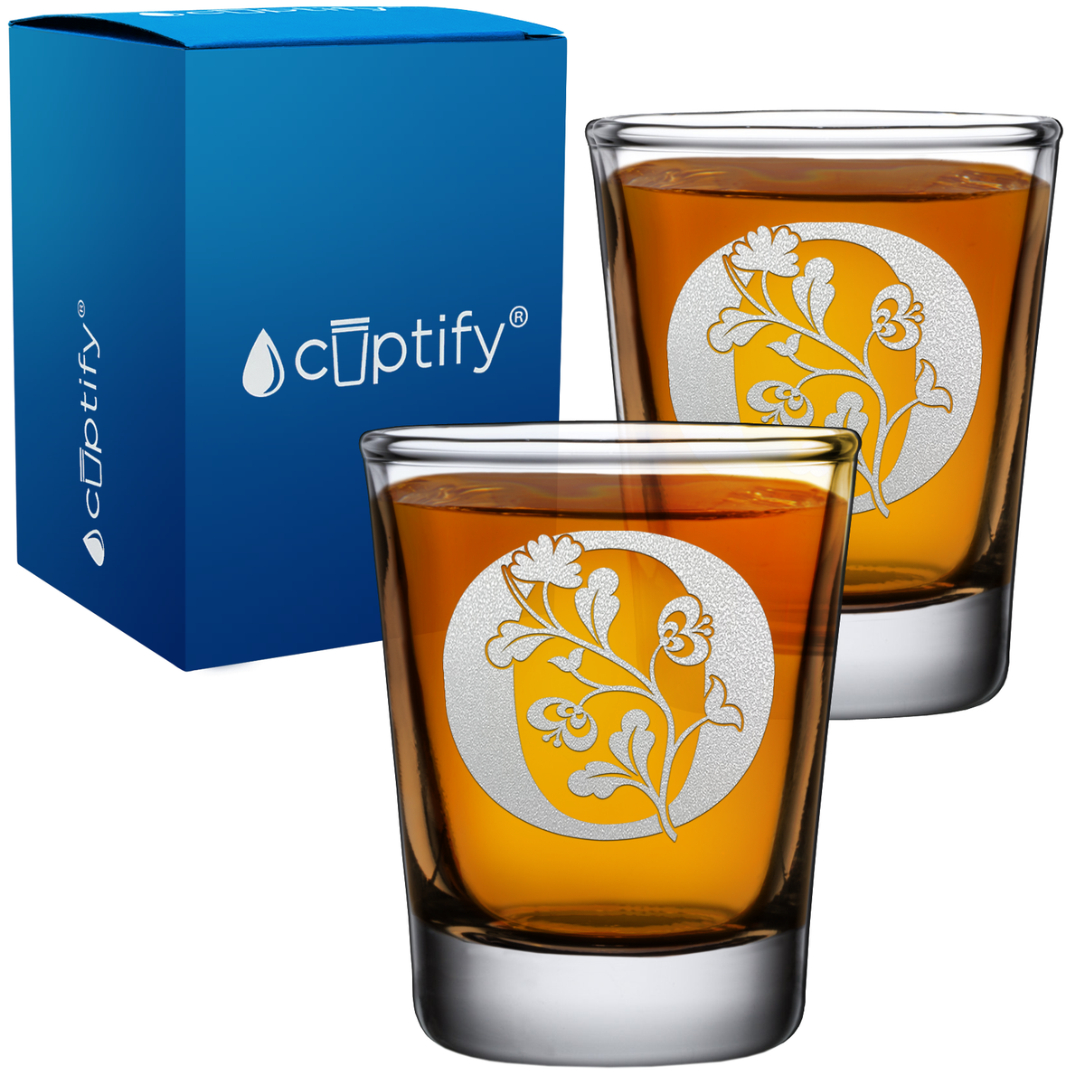 Monogram Blooming Floral Initial Letter on 2oz Shot Glasses - Set of 2
