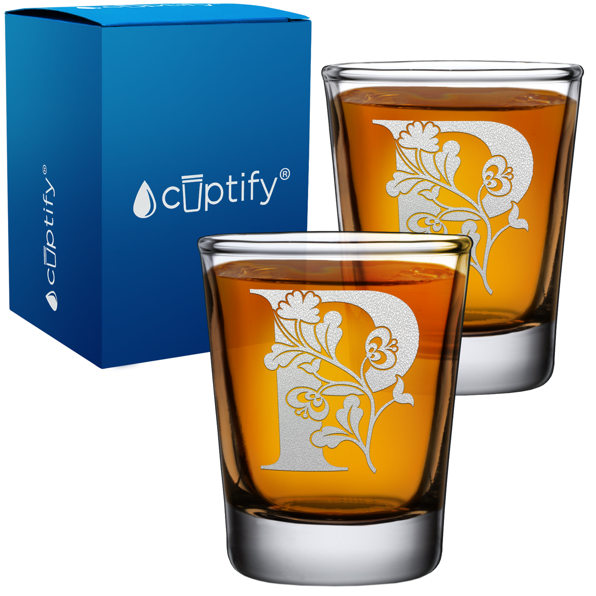 Monogram Blooming Floral Initial Letter on 2oz Shot Glasses - Set of 2