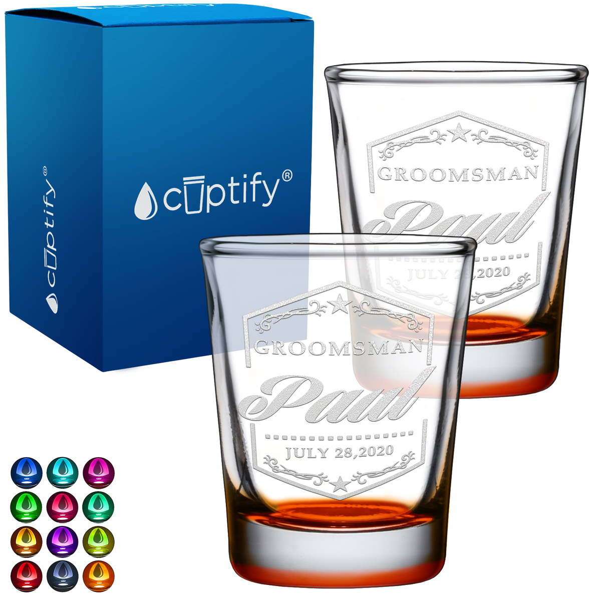 Personalized Groomsman Border Ornament 2oz Shot Glasses - Set of 2