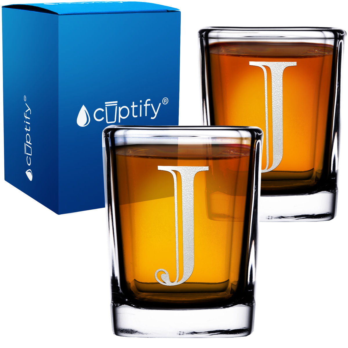 Monogram Initial Letter on 2oz Square Shot Glasses - Set of 2