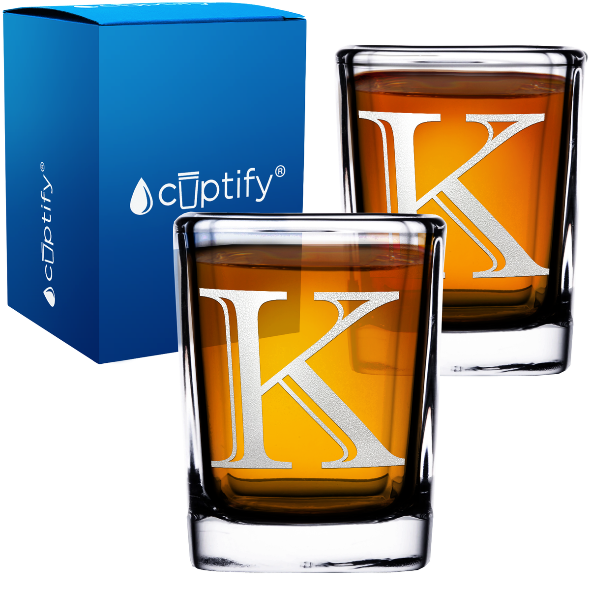 Monogram Initial Letter on 2oz Square Shot Glasses - Set of 2