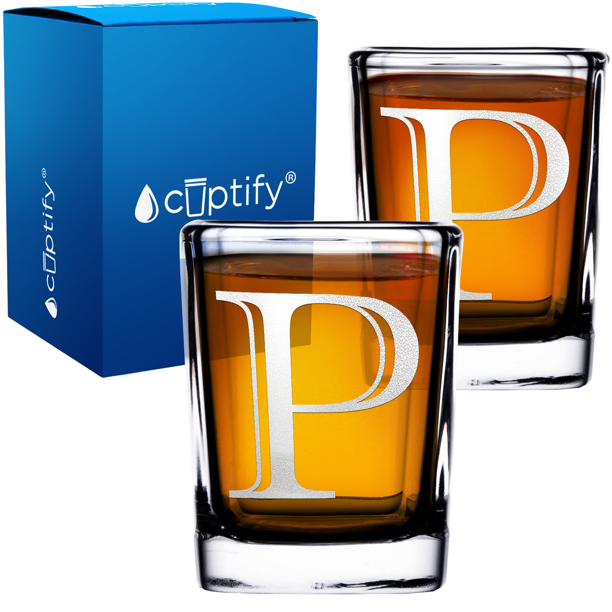 Monogram Initial Letter on 2oz Square Shot Glasses - Set of 2