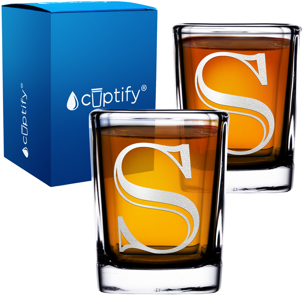 Monogram Initial Letter on 2oz Square Shot Glasses - Set of 2
