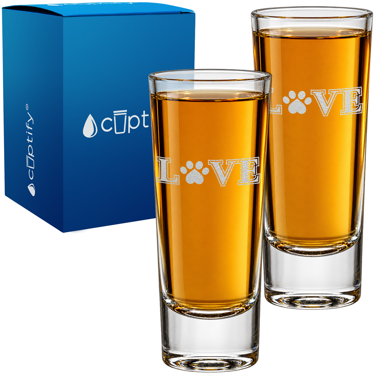 Love Dogs Paw Print on 2oz Tall Shot Glass - Set of Two