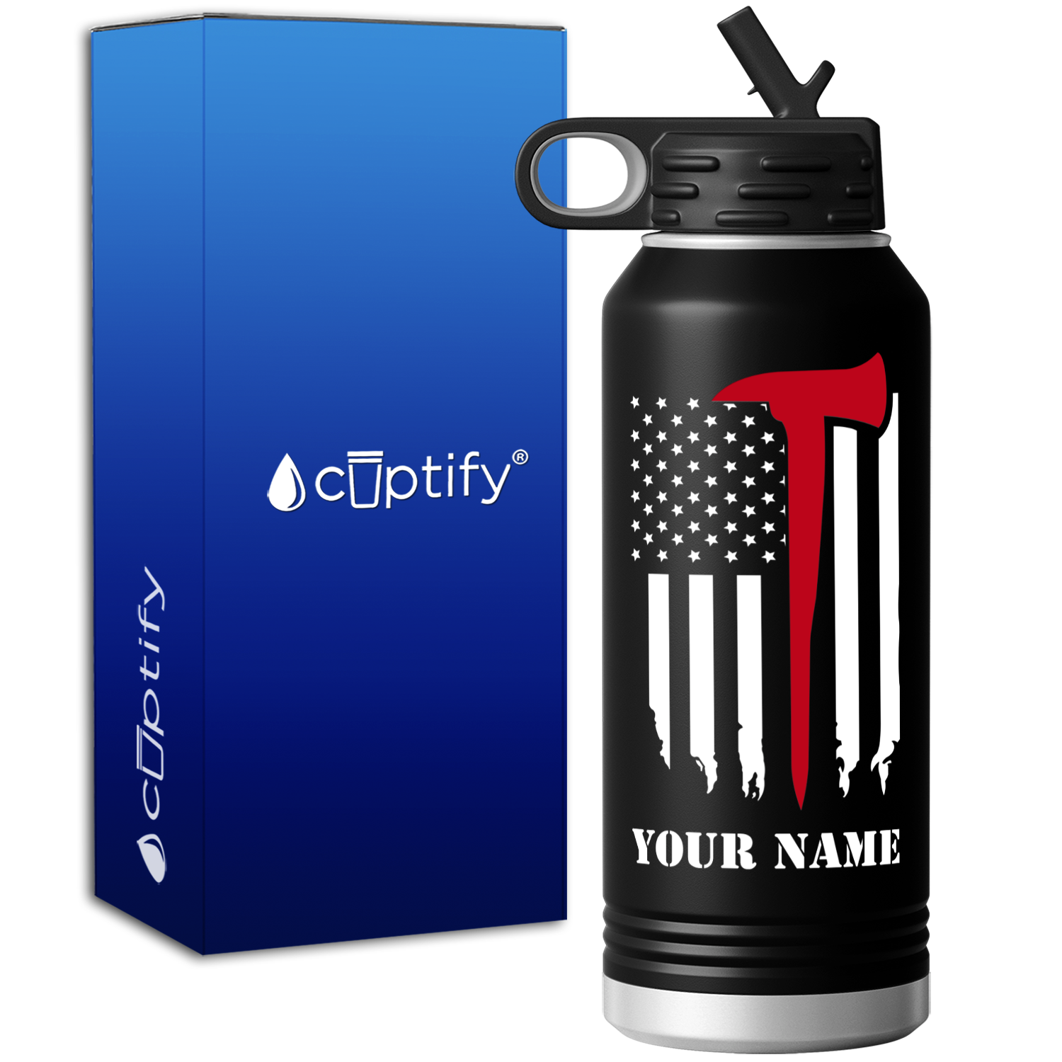 Personalized Distressed Red Line Flag with Axe 32oz Black Firefighter Sport Water Bottle