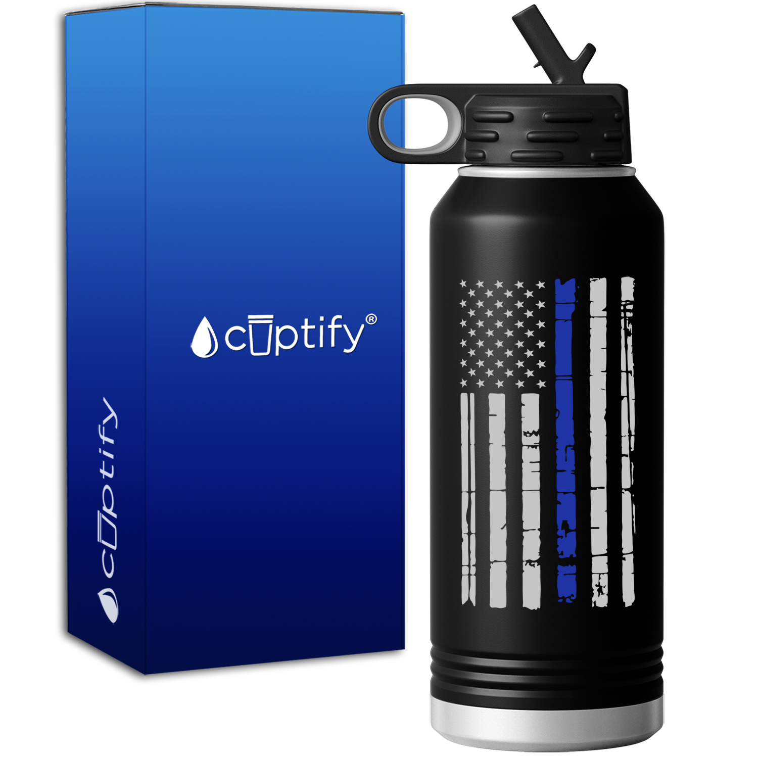 Police Distressed Flag 32oz Black Police Sport Water Bottle