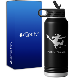 Flying Witch with Cat Personalized 32oz Sport Water Bottle