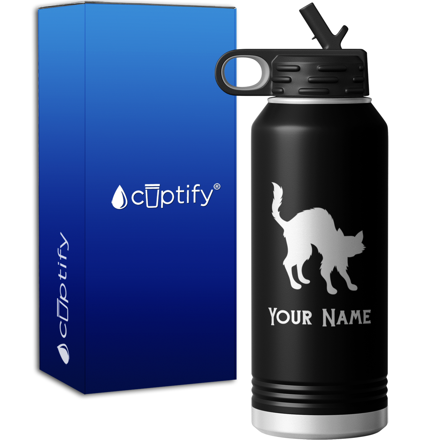 Scared Black Cat Personalized 32oz Sport Water Bottle