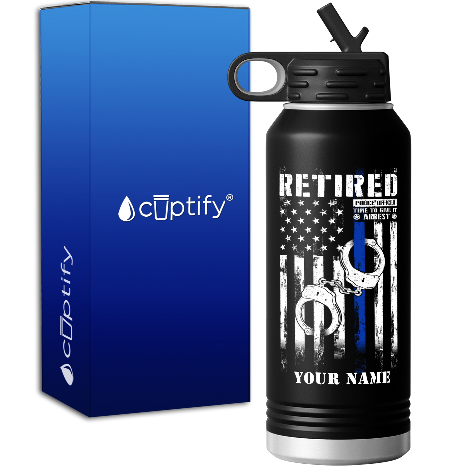 Personalized Retired Police Officer 32oz Black Police Sport Water Bottle
