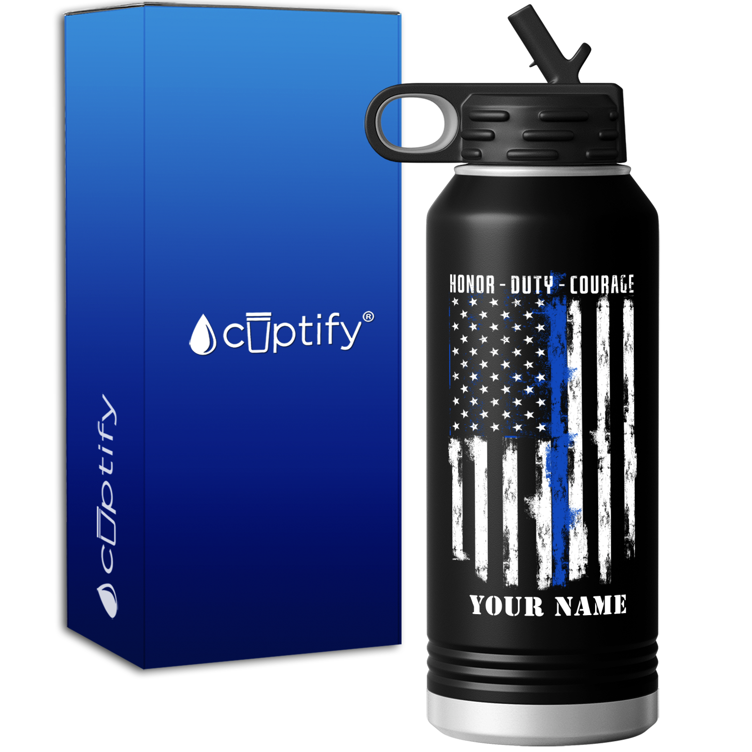 Personalized Honor Duty Courage Thin Blue Line Flag 32oz Black Police Sport Water Bottle